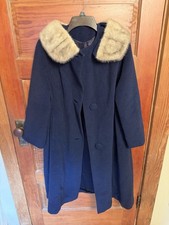 VTG 1950s 1960s Wool Swing Coat Faux Mink Fur Collar Blue Union USA