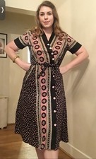 Women's Vintage Navy Pink Floral Button-Front Belted Dress, Short Sleeve