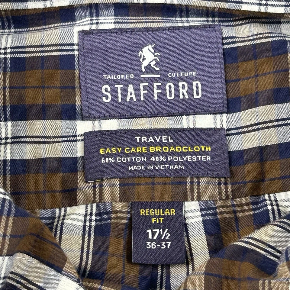 Camisa Stafford Para Hombres 17 1/2 - 36-37 Ajuste Regular A Cuadros Marrón Blanco Manga Larga Foto 3 de 4