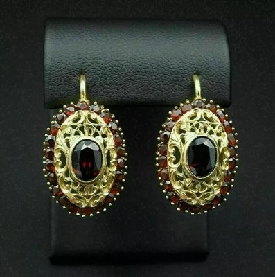 Simulated Oval Cut Red Garnet Bezel Set Halo Earring 14K Yellow Gold Plated