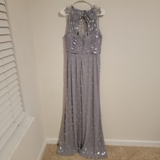 Adrianna Papell Y2k Gown Size 10 Gray Ruched Polka Dot Glitter Rhinestone Prom