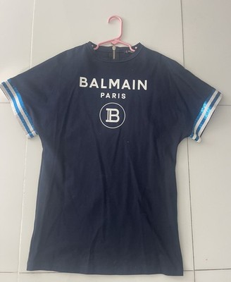 BALMAIN GIRLS SS JERSEY LOGO DRESS NAVY with sequin sleeves SZ12