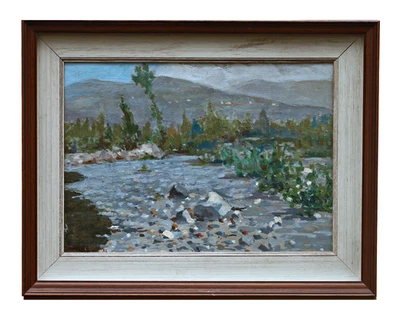 Landschaft mit Fluss und Bergen Ölbild auf Leinwand auf Karton signiert Rahmen - Bild 1 von 4