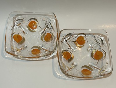 2-Vintage Anchor Hocking Enchant Ware Glass Square Bowls Golden Apricot MCM