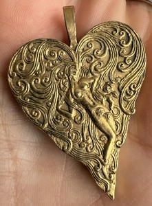 Authentic Signed Erté Cupid Heart Pendant Gold Plated Bronze Art Deco Designer Jewelry