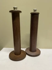 2 Primitive Rustic Wooden Textile Bobbin Spool w Metal Core Fitting Industrial