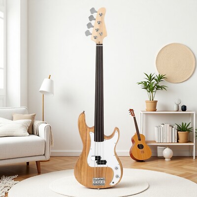 4-String P-Style Fretless Electric Bass Guitar Set - Full Size P Pickup Natural