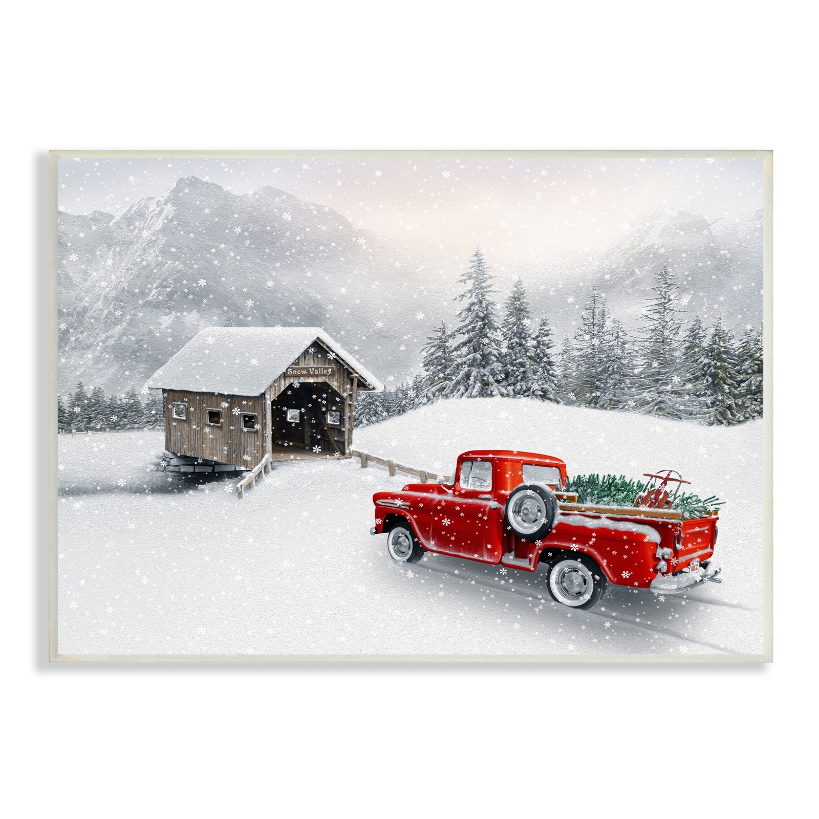 Stupell Relaxing Snowcapped Mountain Scenery Vintage Red Truck Wood Wall Art