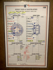 Game Used Mother's Day Lineup Card - Detroit Tigers at Houston Astros 05/08/22
