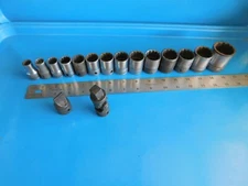 VINTAGE,USED,SNAP ON  1/2 IN.DR. SOCKETS LOT OF 16, 12 PT.,UNIVERSAL & DRAG LINK