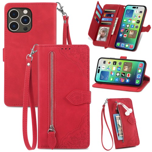 For iPhone 16e 2025/16 Pro Max/15/14 Leather Zipper Wallet Stand Case with Strap - Picture 41 of 47
