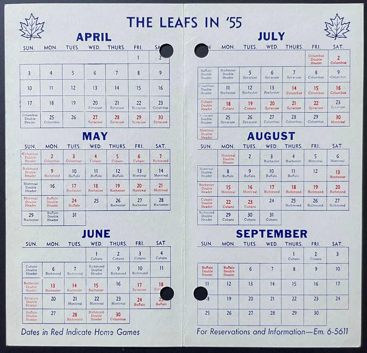 1955 Toronto Maple Leafs Crown Life CKEY International League Baseball  Schedule | eBay
