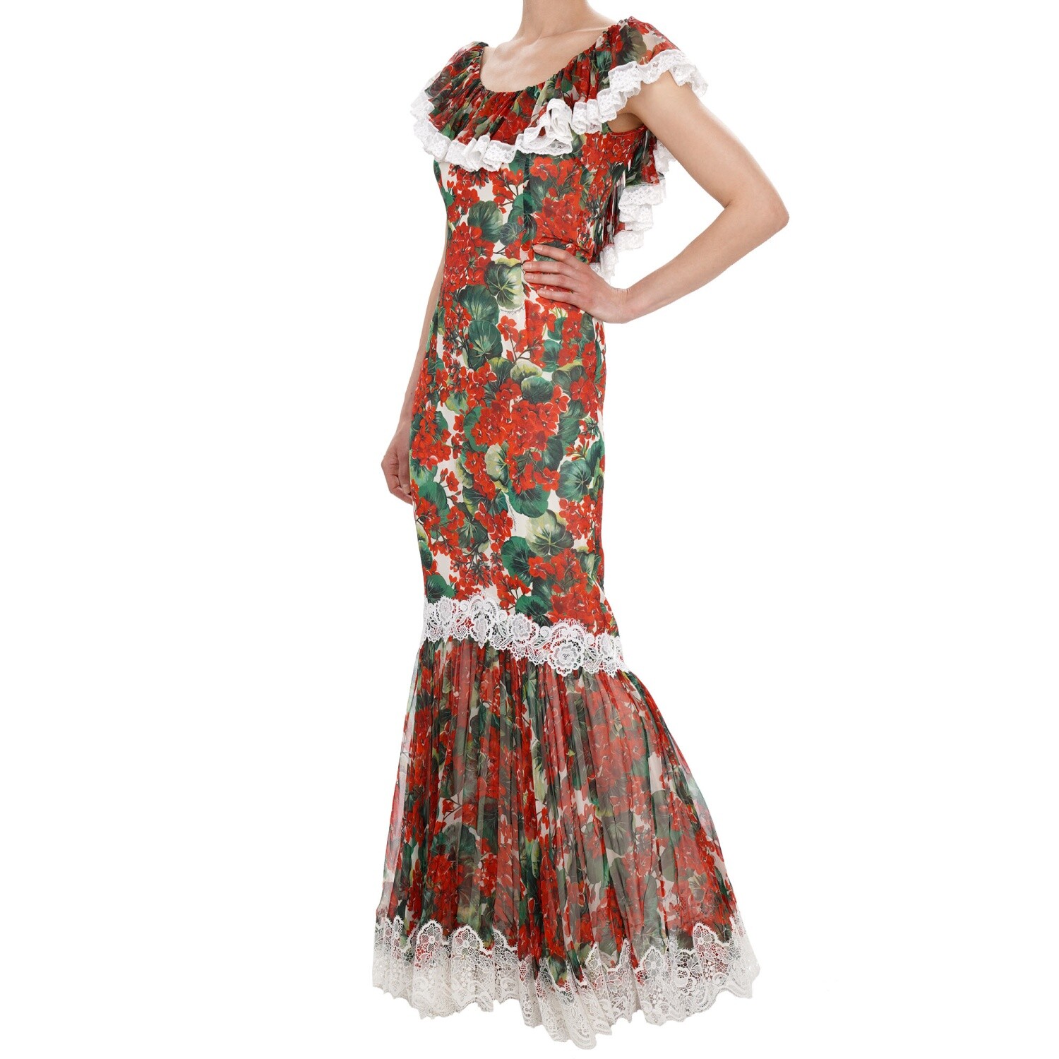 DOLCE & GABBANA RUNWAY Geranium Lace Maxi Silk Dress Red White Green IT 40 S