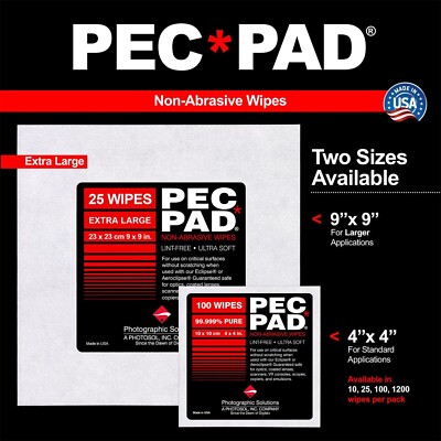 2 PK PEC-PAD Non-Abrasive Lint Free Wipes 4 x4  (100 Sheets) & 9 x9  (25 Sheets)