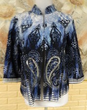 EUC CHICO'S OPEN FRONT LINEN BLEND BLUES / WHITES SZ 1 8-10 JACKET / SEQUINS