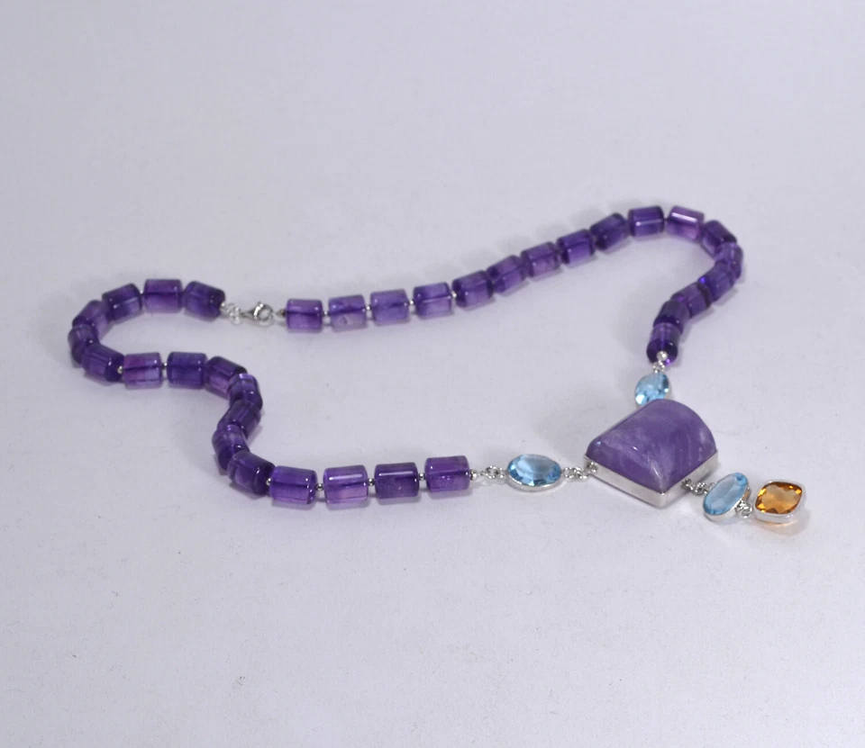 COLLANA IN ARGENTO 925  CILINDRI AMETISTA NATURALE TOPAZIO E CITRINO   AGLN 0241 - Immagine 2 di 3