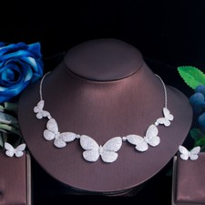 Women Statement Butterfly Necklace and Earrings Silver Plated Zircon Jewelry Set