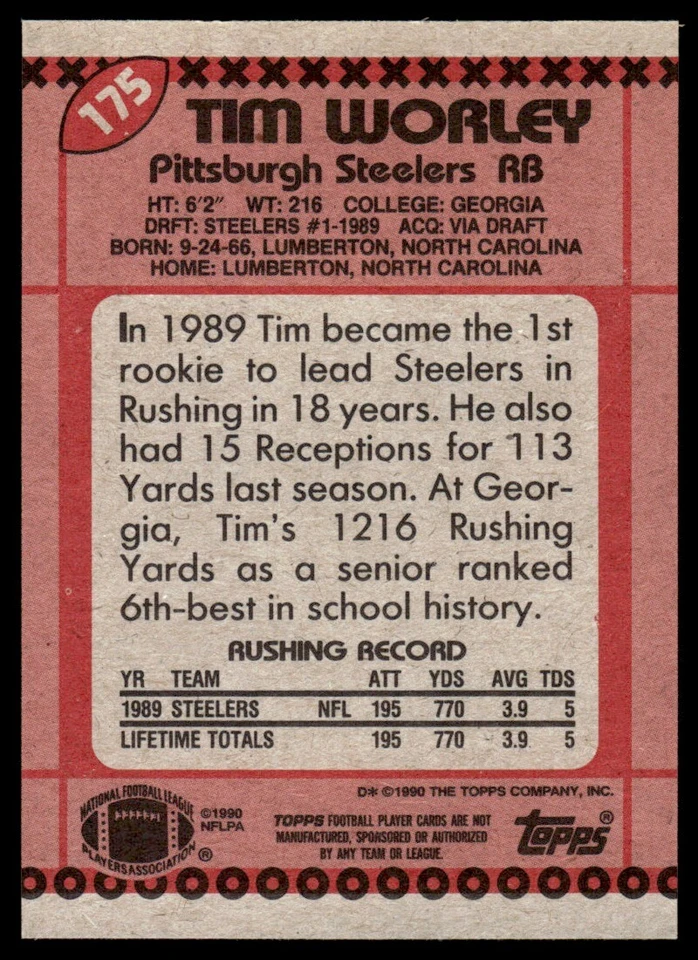 1990 Topps Super Rookie Tim Worley Pittsburgh Steelers #175 Georgia Bulldogs - Image 2 of 2