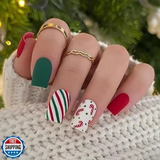 Christmas Press on Nails Short Square Winter Fake Nails Matte Ful