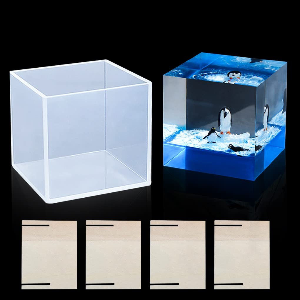 4 Inches Square Resin Mold,Cube Epoxy Resin Molds,Large Resin Molds with Wooden