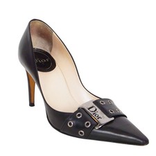 sz 36.5 CHRISTIAN DIOR Vintage Black Leather Metal Logo Buckle STILETTO HEELS