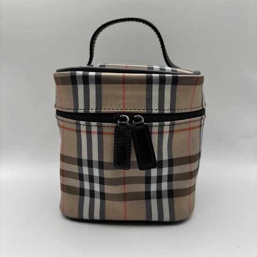 BURBERRY Nova Check Leather Vanity Pouch Beige Handbag Vintage Authentic