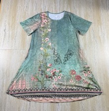 Boho Fairy Floral A-Line Mini Dress Womens Large Green Pink Short Sleeve
