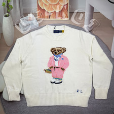 POLO RALPH LAUREN Pink Polo Bear Sweater White Women's M Embroidered VIP