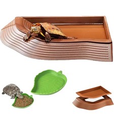 3PCS Tortoise Water Bowls with Ramp Leaf Food Dish Large, brown