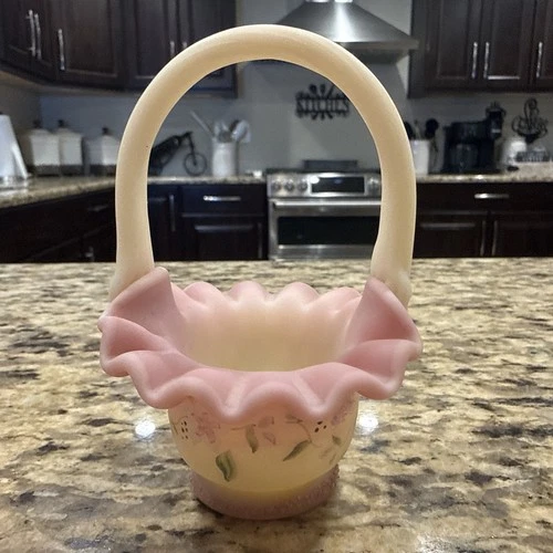 Fenton Burmese Glass Mini Basket 10th Anniversary of QVC Signed
