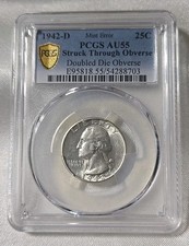 ***ONLY KNOWN*** 1942 D DDO WASHINGTON QUARTER PCGS AU55 STRUCK THROUGH ERROR