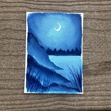 Aceo Original Blue Moonlit Lake Landscape Gouache Painting Art Card
