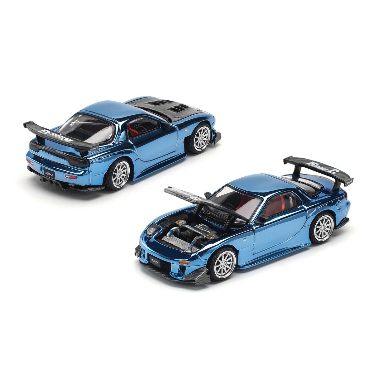 Pop Race 1:64 Mazda RX7 RE Amemiya Widebody Blue Chrome with Carbon Top PR640223
