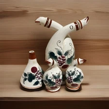 Mid Century Souvenir Majolica style Vinager &Oil Cruet Salt &Pepper w/Funnel Set