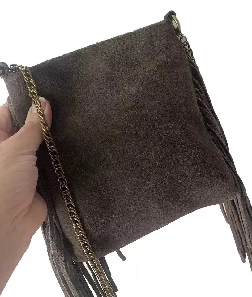 Bolsa de ombro vintage de couro camurça franja alça corrente pequena boho hippie - Imagem 2 de 4