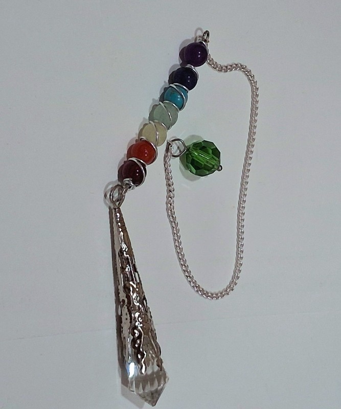 Clear Quartz Point Crystal Healing Pendulum Silver Tone Chain Chakra Beads