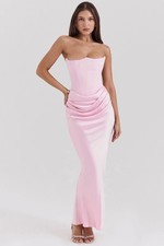 £219 HOUSE OF CB Persephone Rose Corset Maxi Dress L+ Sexy Pink Satin Valentines