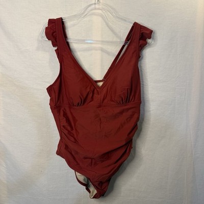 women's Ruffle Shoulder High Coverage One Piece Swimsuit Kona Sol Red 16W