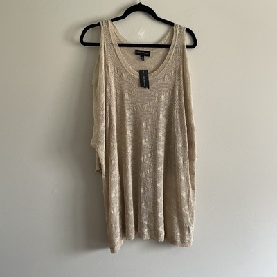 Lane Bryant Women 18/20 Gold Oatmeal Metallic Sheer Cold Shoulder Sweater NWT