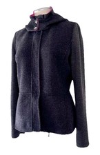 ST. JOHN Gray Fuchsia Trim Cashmere Angora Wool Zip Jacket Removable Hood Size 8