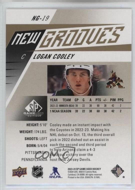 2023 Upper Deck SP Game Used New Grooves Gold /99 Logan Cooley #NG-19 Rookie RC - Image 2 of 2