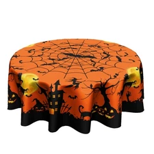 Halloween Tablecloth Spider Web Halloween Round Tablecloth 60 Inch Orange and...