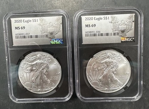 Lot of (2) 1 Oz. 2020 $1 U.S. Silver Eagle Dollar Coins Graded NGC MS 69 Loc#K15