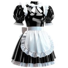 Lockable Maid Fancy Dress with Apron Crossdress PVC Leather Pleated Maid Costume
