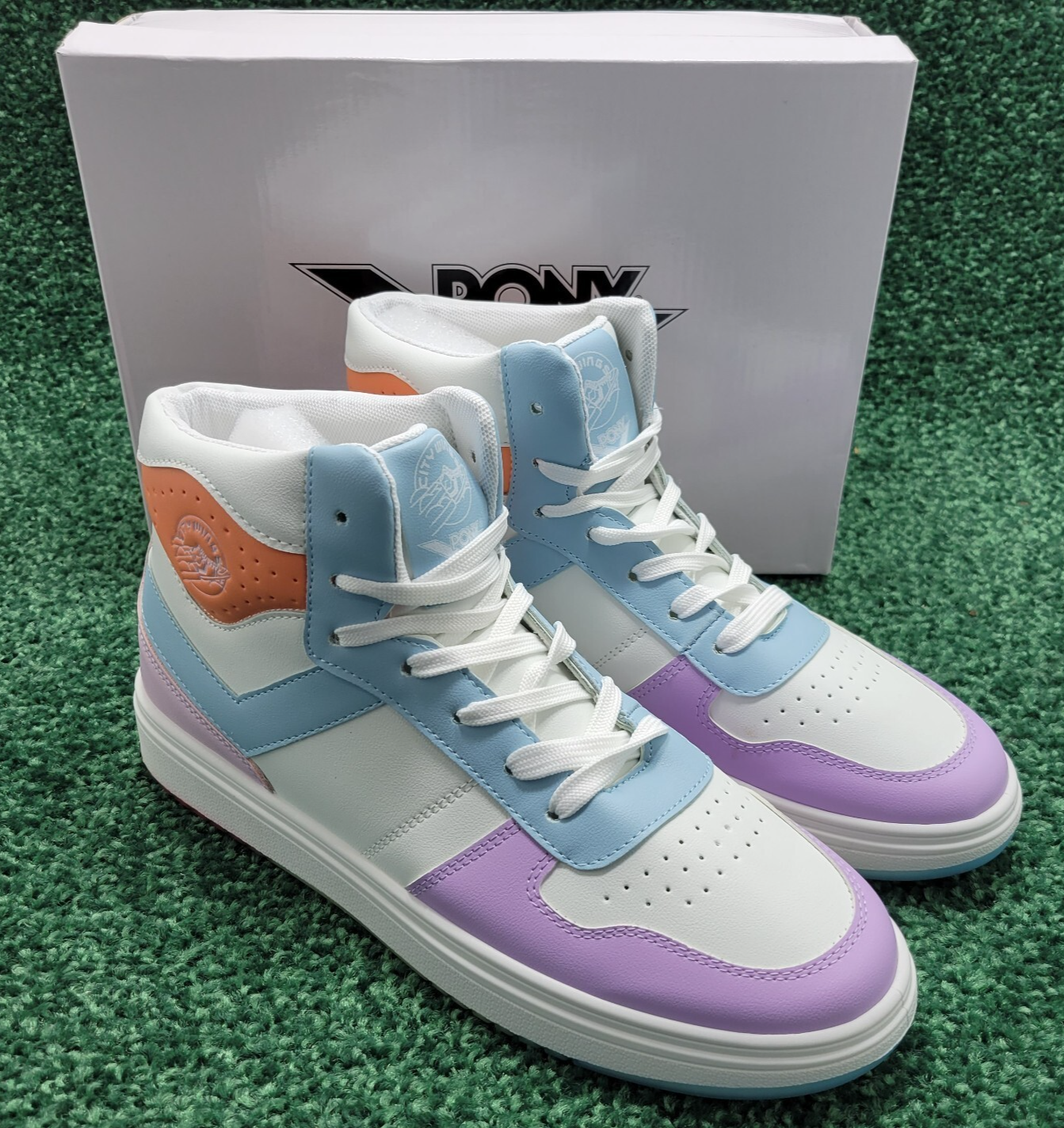 NUOVE scarpe Pony City Wings Hi Top bianco pastello viola multicolore PP2 donna 6 5 M