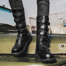 Stivali uomo stringati fibbia cintura decorazione outdoor moto punk ginocchio metà polpaccio