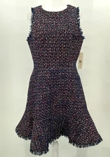 Eliza J Dress Sz 8 Blue Pink Textured Fringe Fit n Flare Midi Cocktails Art Boho