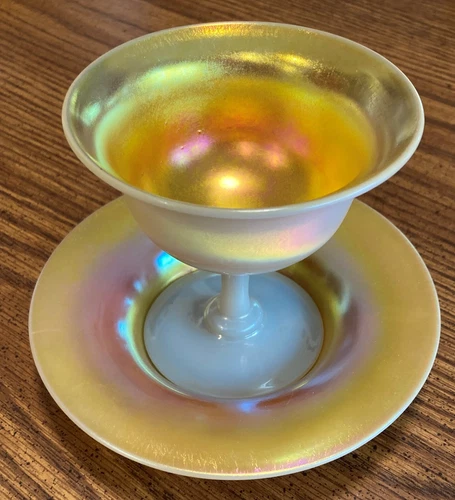 Aurene Calcite Steuben Compote or Cup & Saucer Pristine Condition Early 20th