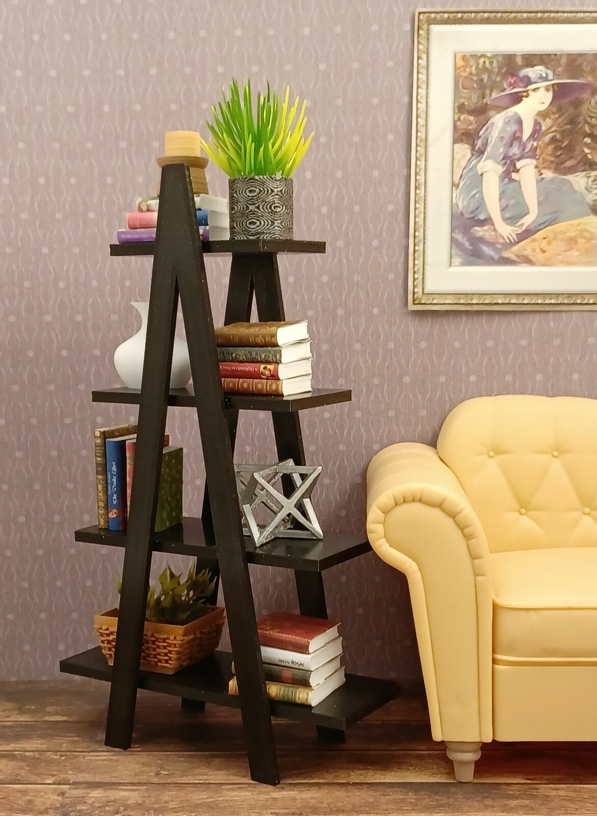 📚black LADDER SHELF living room FURNITURE accessory DISPLAY 1/6 for
