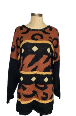 Vtg Animal Print Beaded Sweater Black Gold Plus Top Cotton Blend EUC 3X